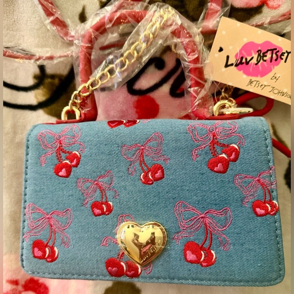 Luv Betsey by Betsey Johnson Denim Cherry Bow Crossbody / Handbag NWT - Picture 2 of 12